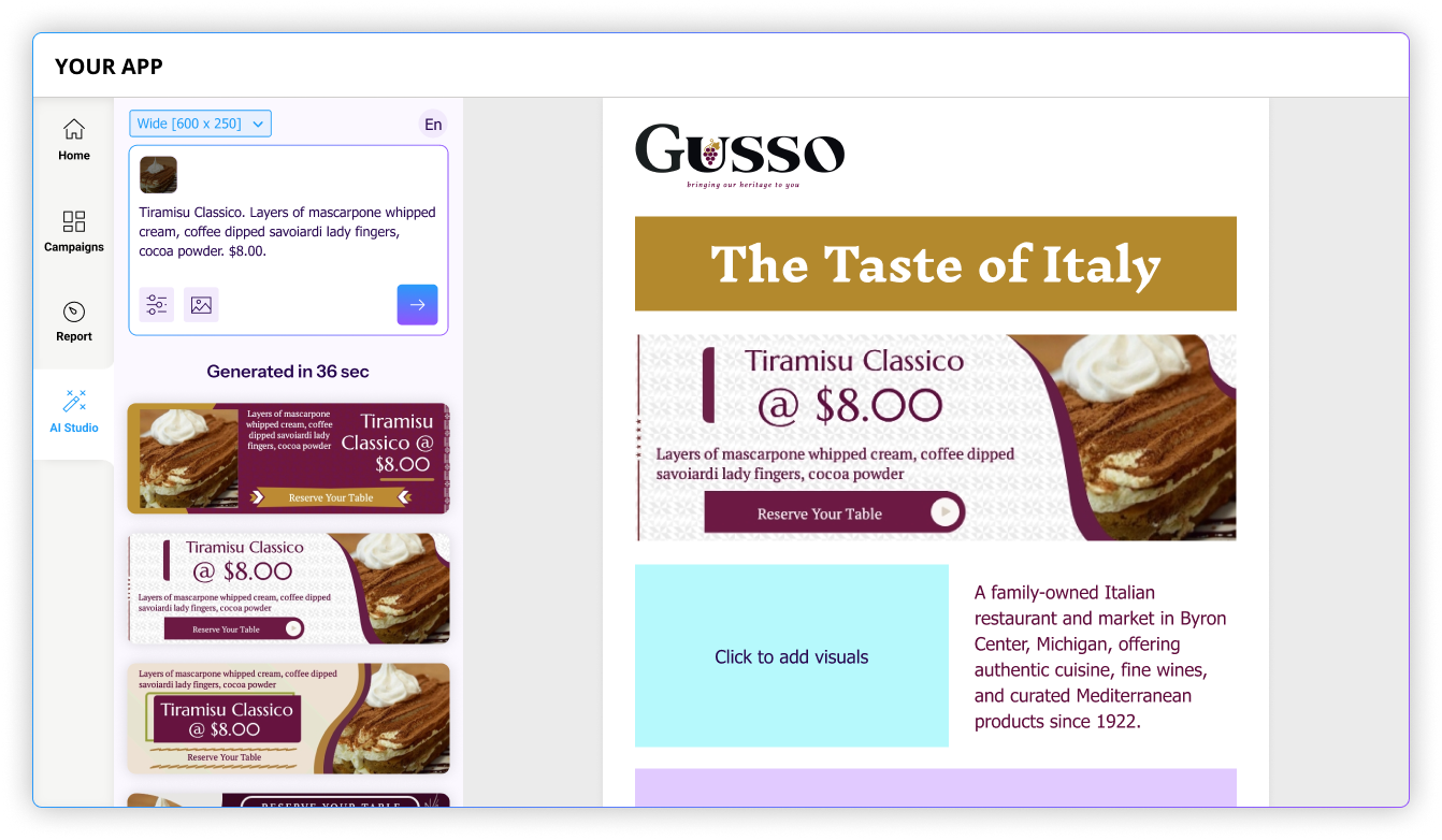 Design placed in user&#39;s template with edit functionality
